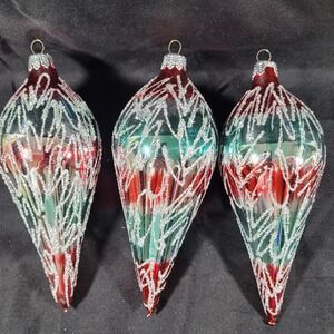 Christmas Classics‎ Glass Ornaments Red Teal Teardrop Finial Romania 3pc Vtg